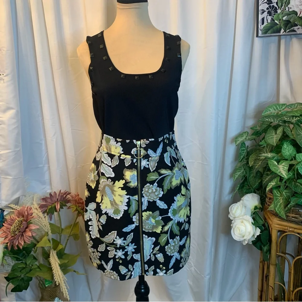 INC International Concepts Black Floral A-Line Mini Skirt